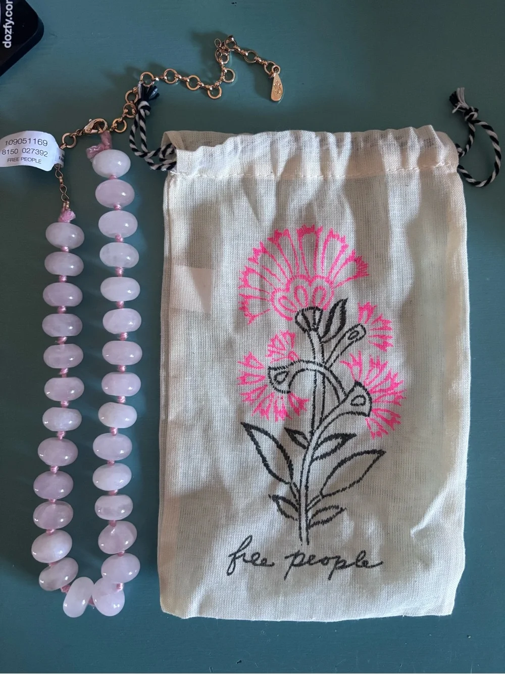 Free People Sabina Rose Quartz Pink Beaded Necklace with Gold Chain.